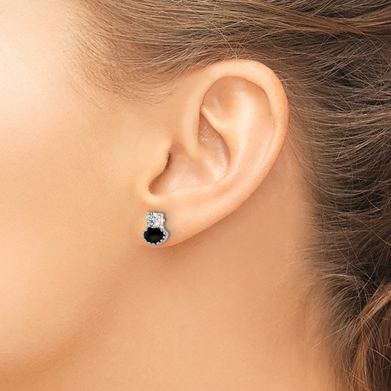 Sterling Silver Polished Black Enamel & CZ Post Earrings