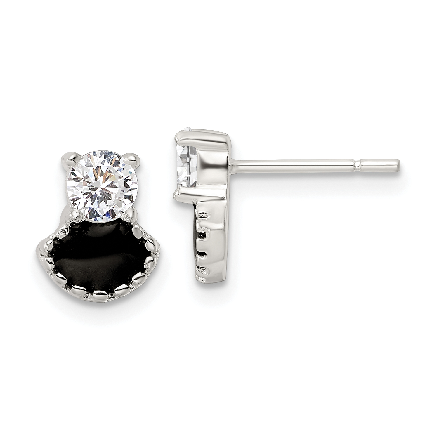 Sterling Silver Polished Black Enamel & CZ Post Earrings (QE16147)