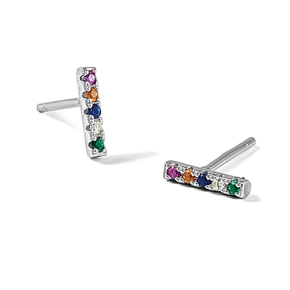 Sterling Silver Rhodium-plated Polished Multi-color CZ Bar Post Earrings