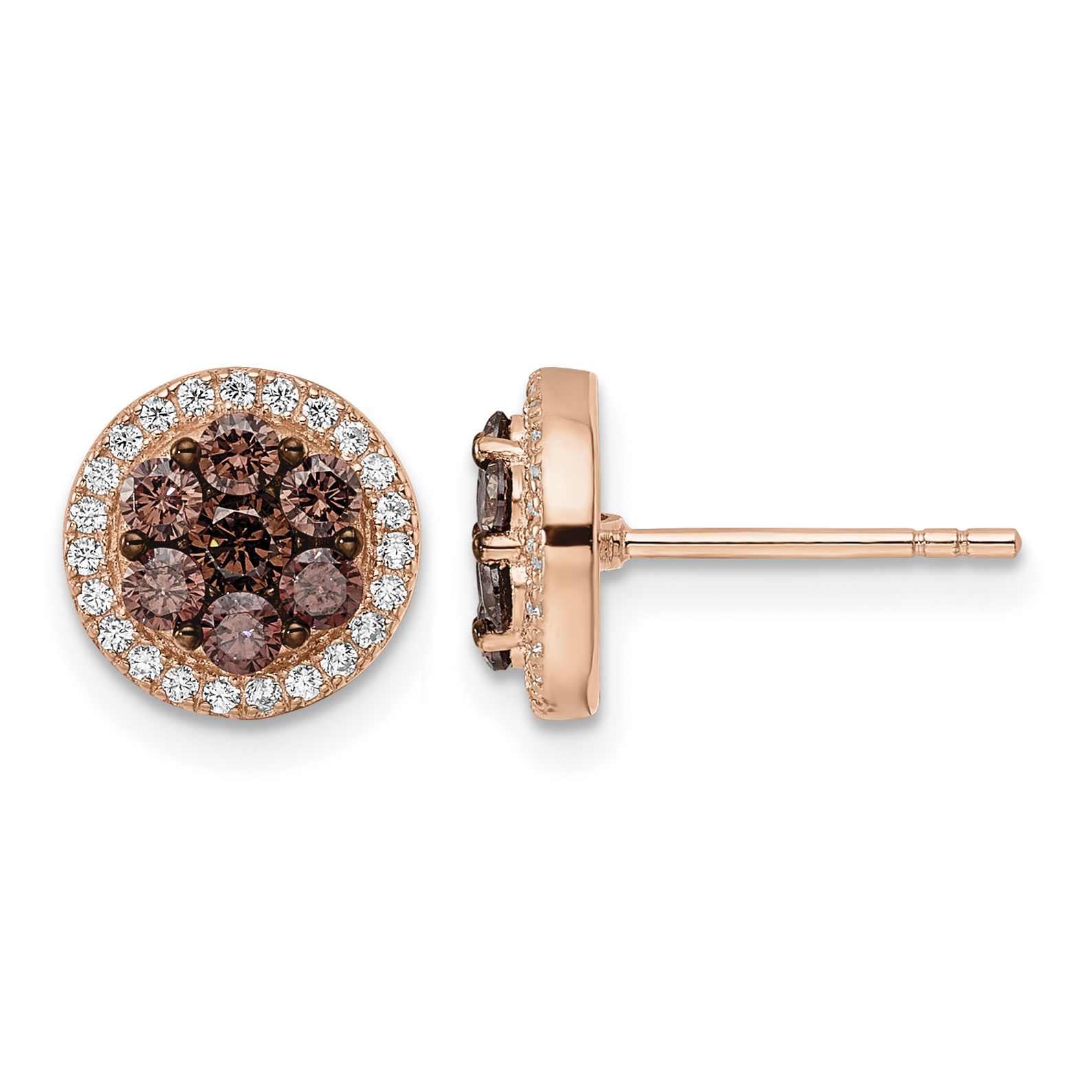 Sterling Silver Rose-tone w/ Black Rhodium-plated Accent Brown & White CZ Round Halo Post Earrings (QE16157)