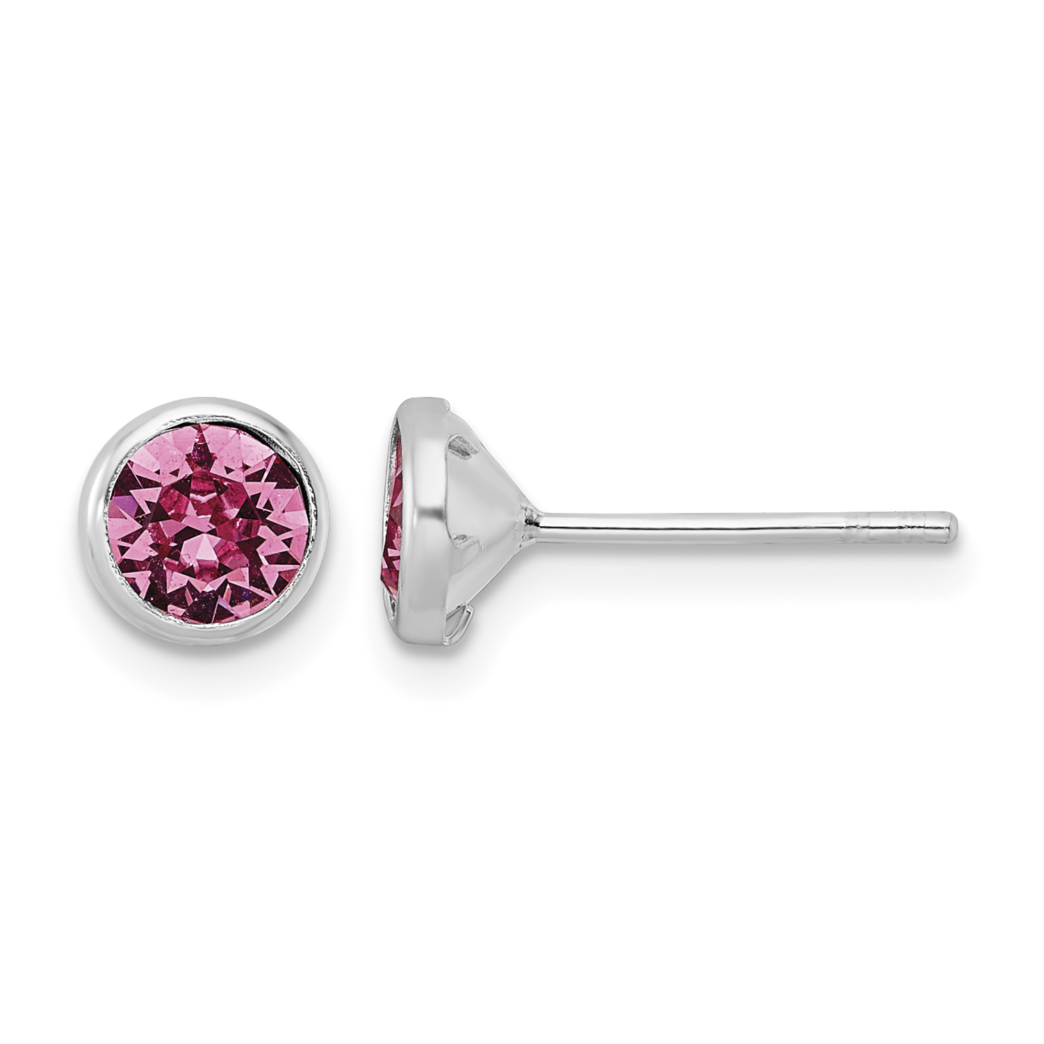 Sterling Silver Rhod-plated Polished 5mm Pink Crystal Bezel Stud Earrings (QE16161)
