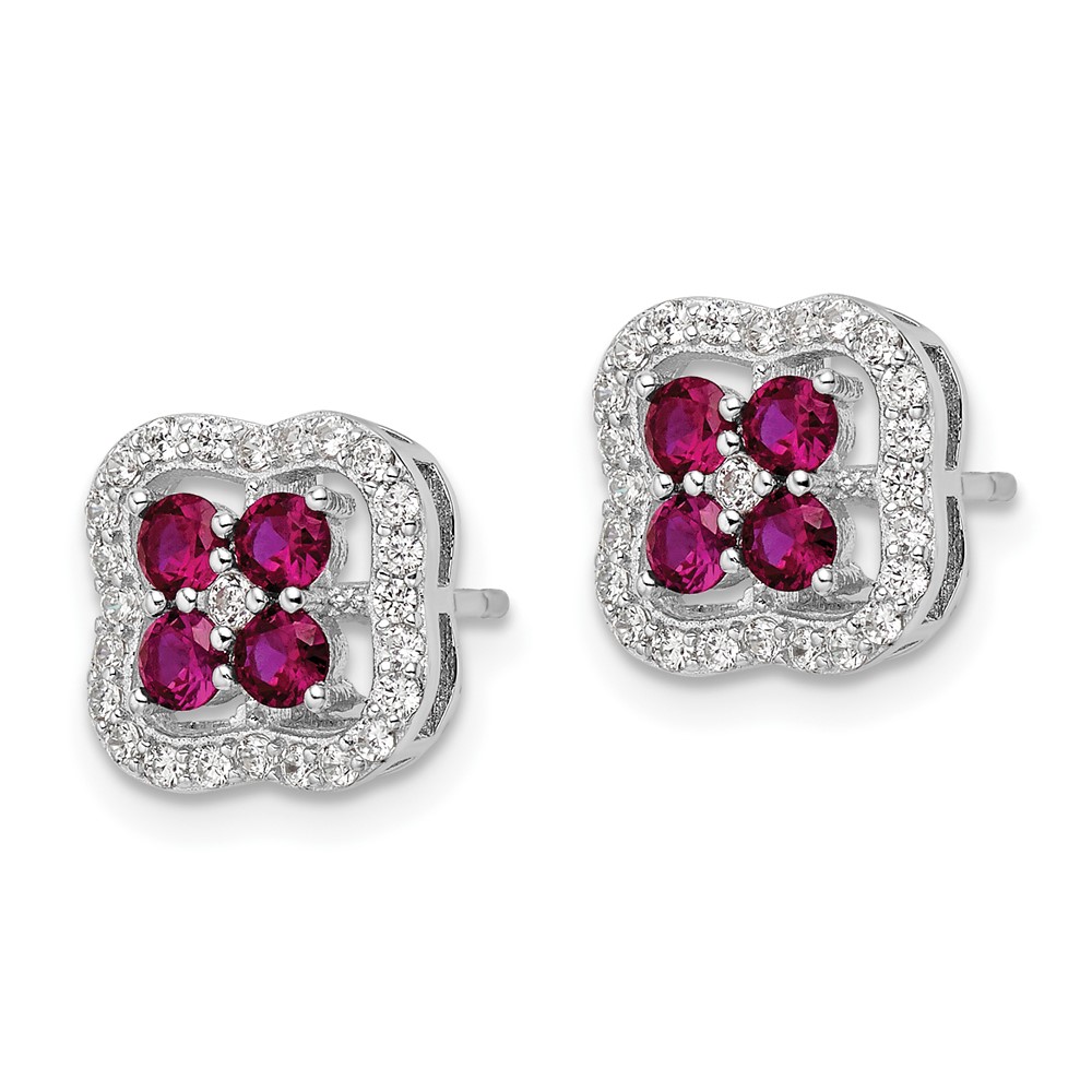 Sterling Silver Rhodium-plated Created Ruby and CZ Clover Post Earrings (QE16164)