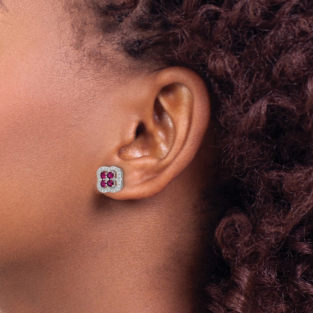 Sterling Silver Rhodium-plated Created Ruby and CZ Clover Post Earrings (QE16164)