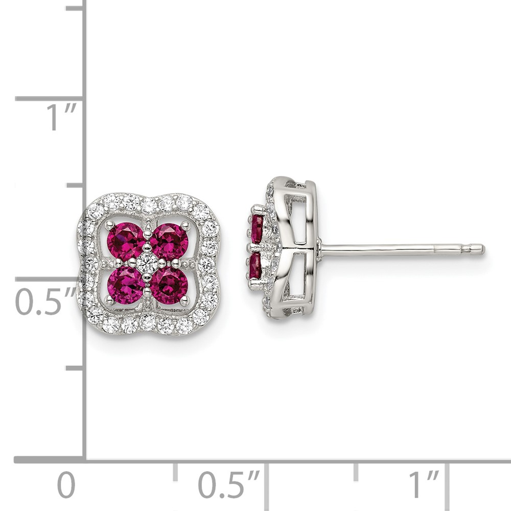 Sterling Silver Rhodium-plated Created Ruby and CZ Clover Post Earrings (QE16164)