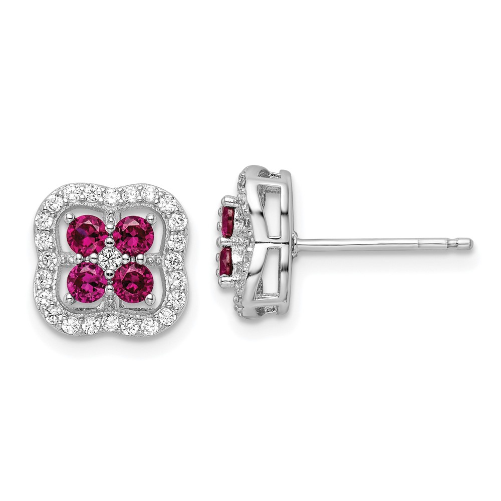 Sterling Silver Rhodium-plated Created Ruby and CZ Clover Post Earrings (QE16164)