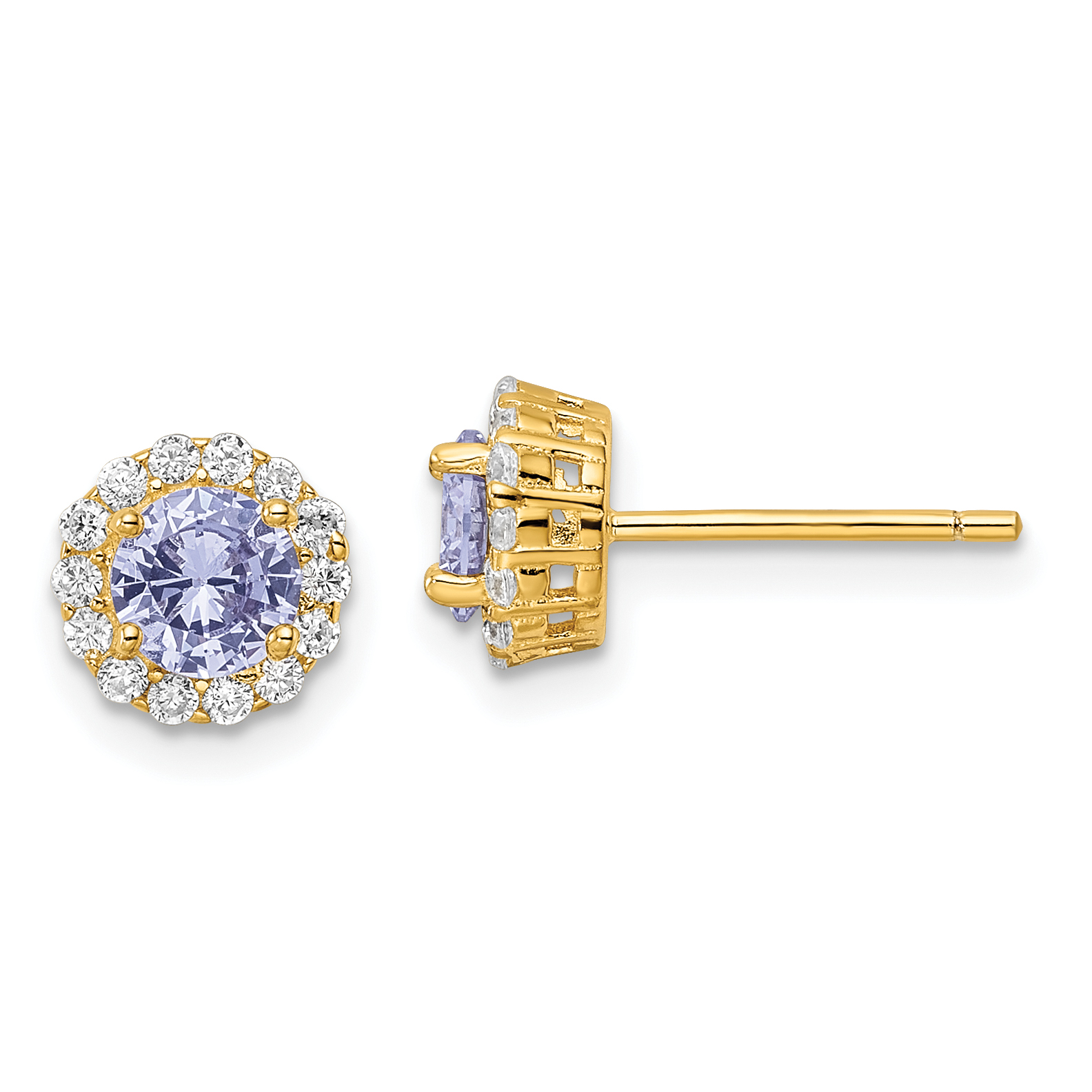 Sterling Silver Gold-tone Polished Purple & White CZ Halo Post Earrings (QE16165)
