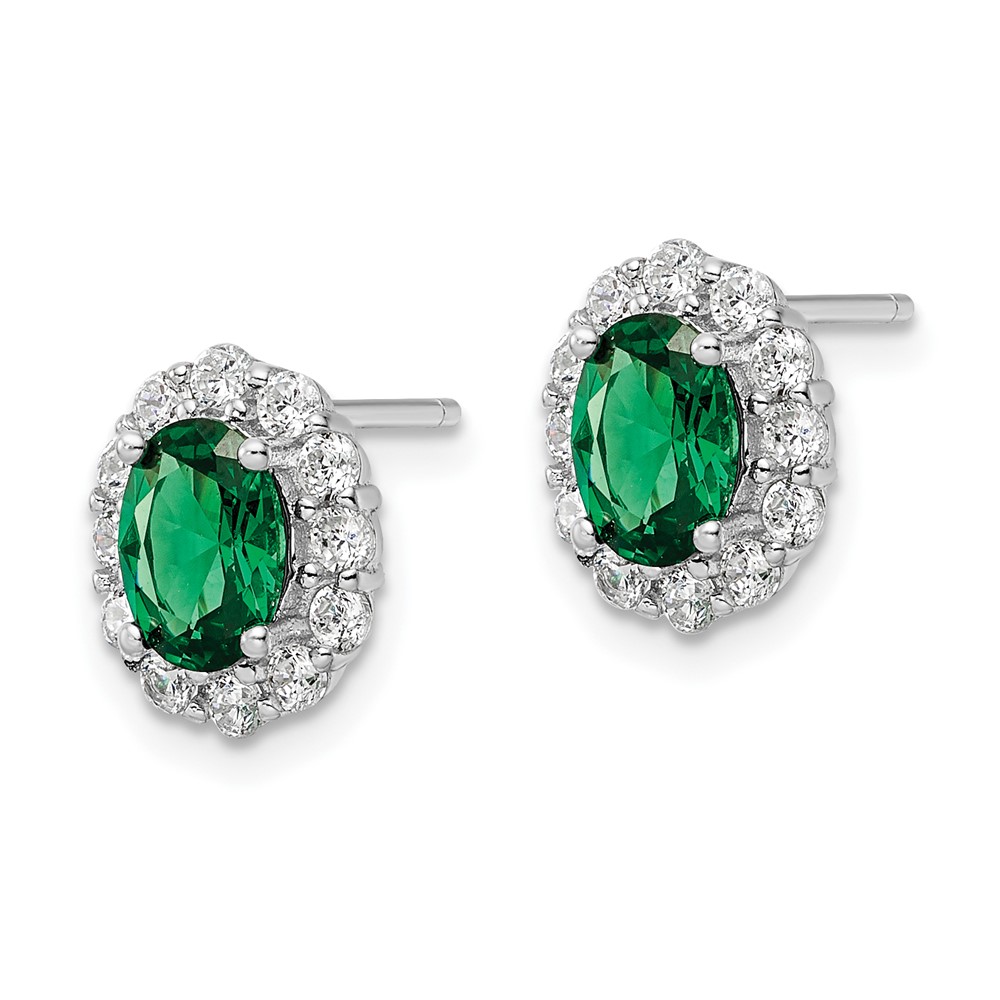 Sterling Silver Rhod-plated Polished Green & White CZ Oval Post Earrings (QE16166)