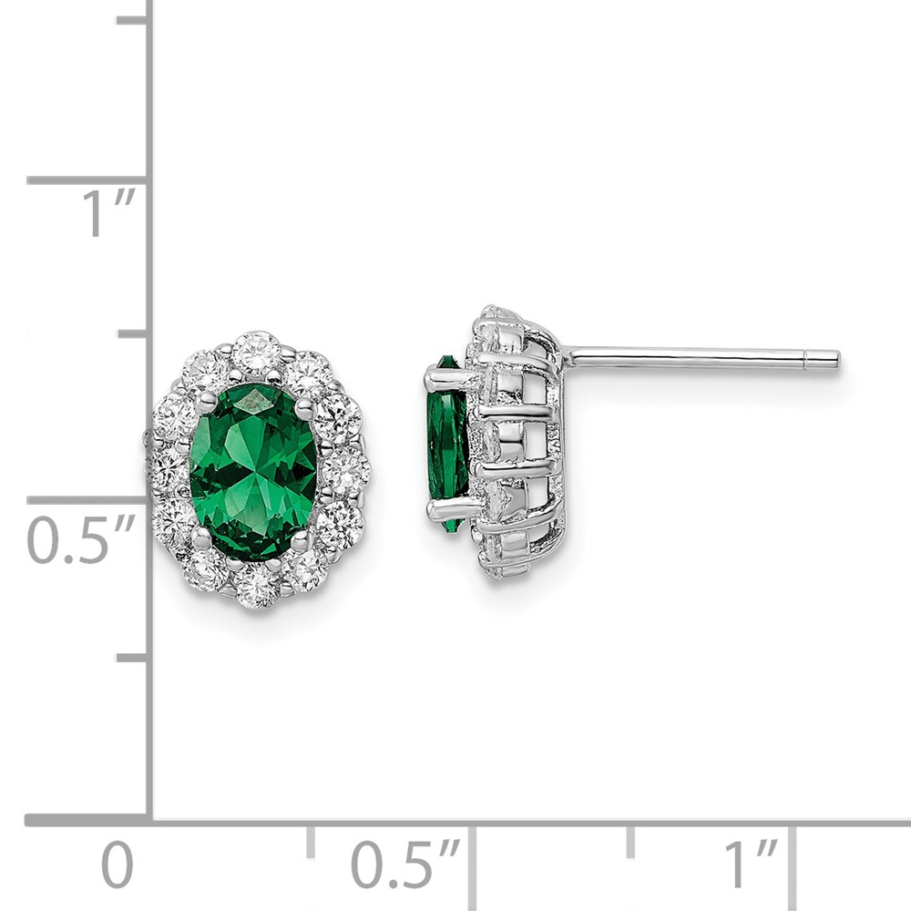 Sterling Silver Rhod-plated Polished Green & White CZ Oval Post Earrings (QE16166)