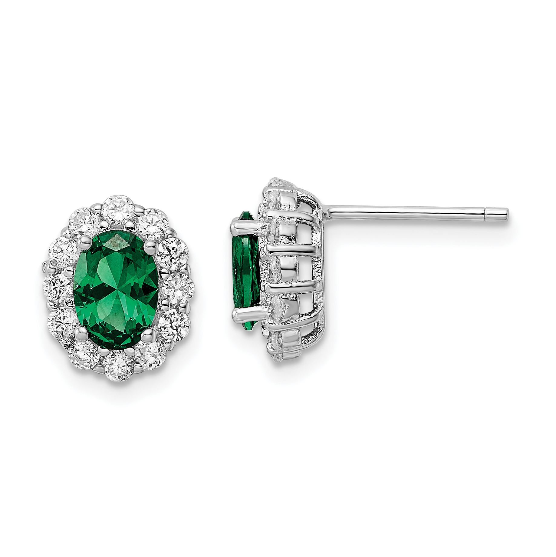 Sterling Silver Rhod-plated Polished Green & White CZ Oval Post Earrings (QE16166)