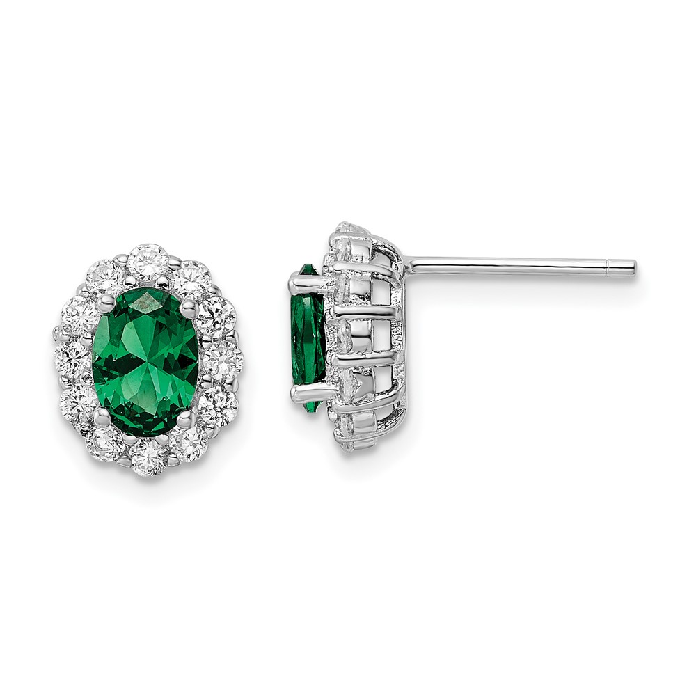 Sterling Silver Rhod-plated Polished Green & White CZ Oval Post Earrings (QE16166)