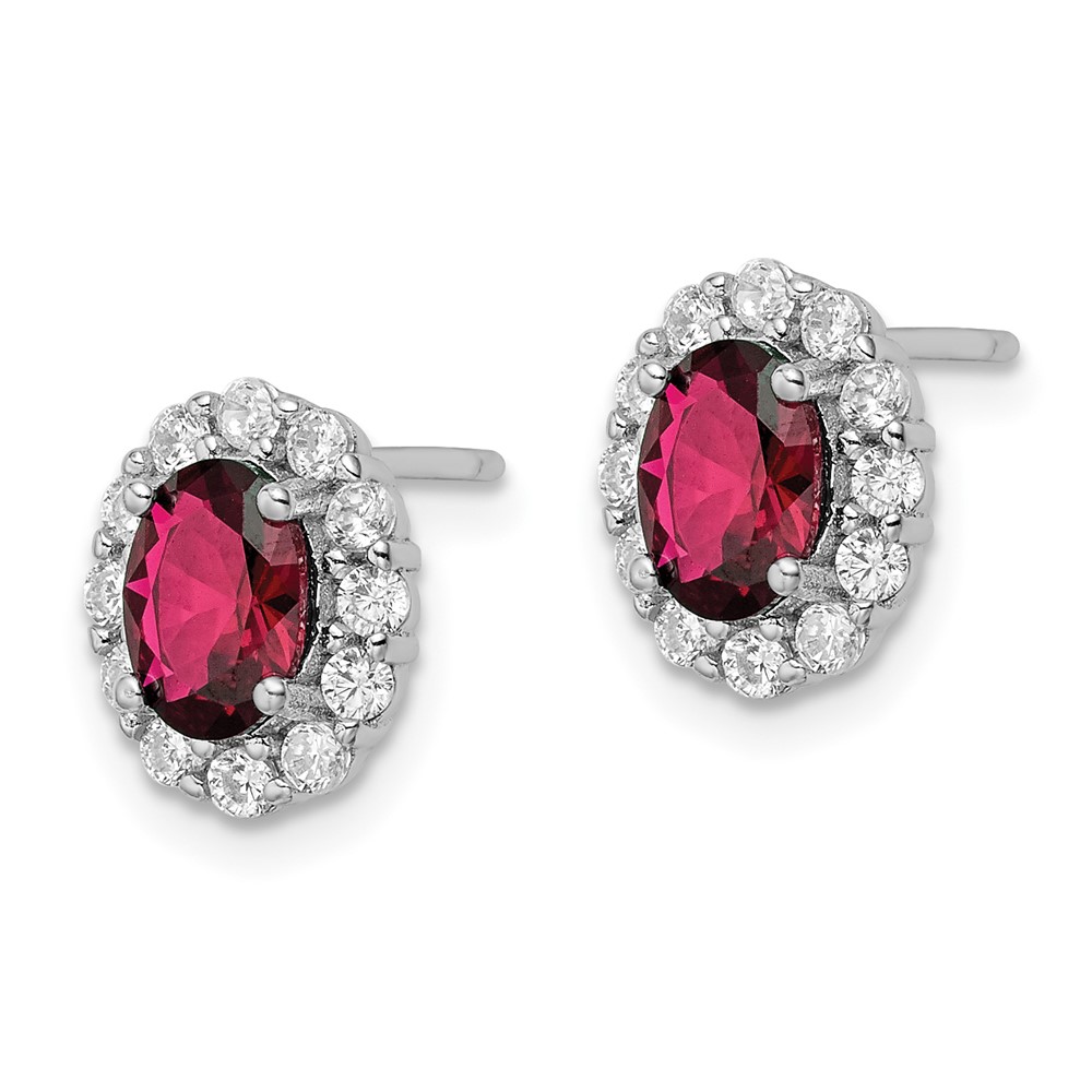 Sterling Silver Rhodium-plated Red & White CZ Oval Post Earrings (QE16167)