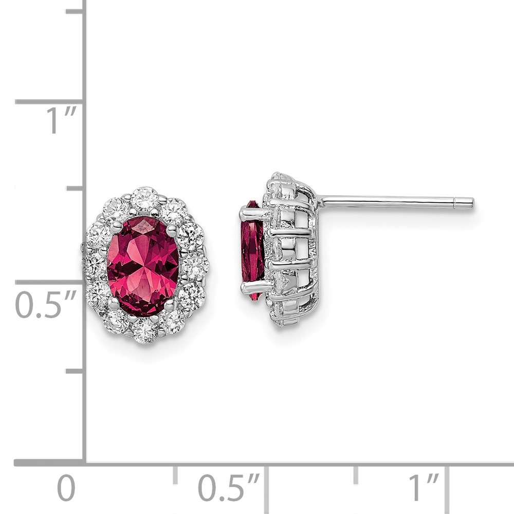Sterling Silver Rhodium-plated Red & White CZ Oval Post Earrings (QE16167)