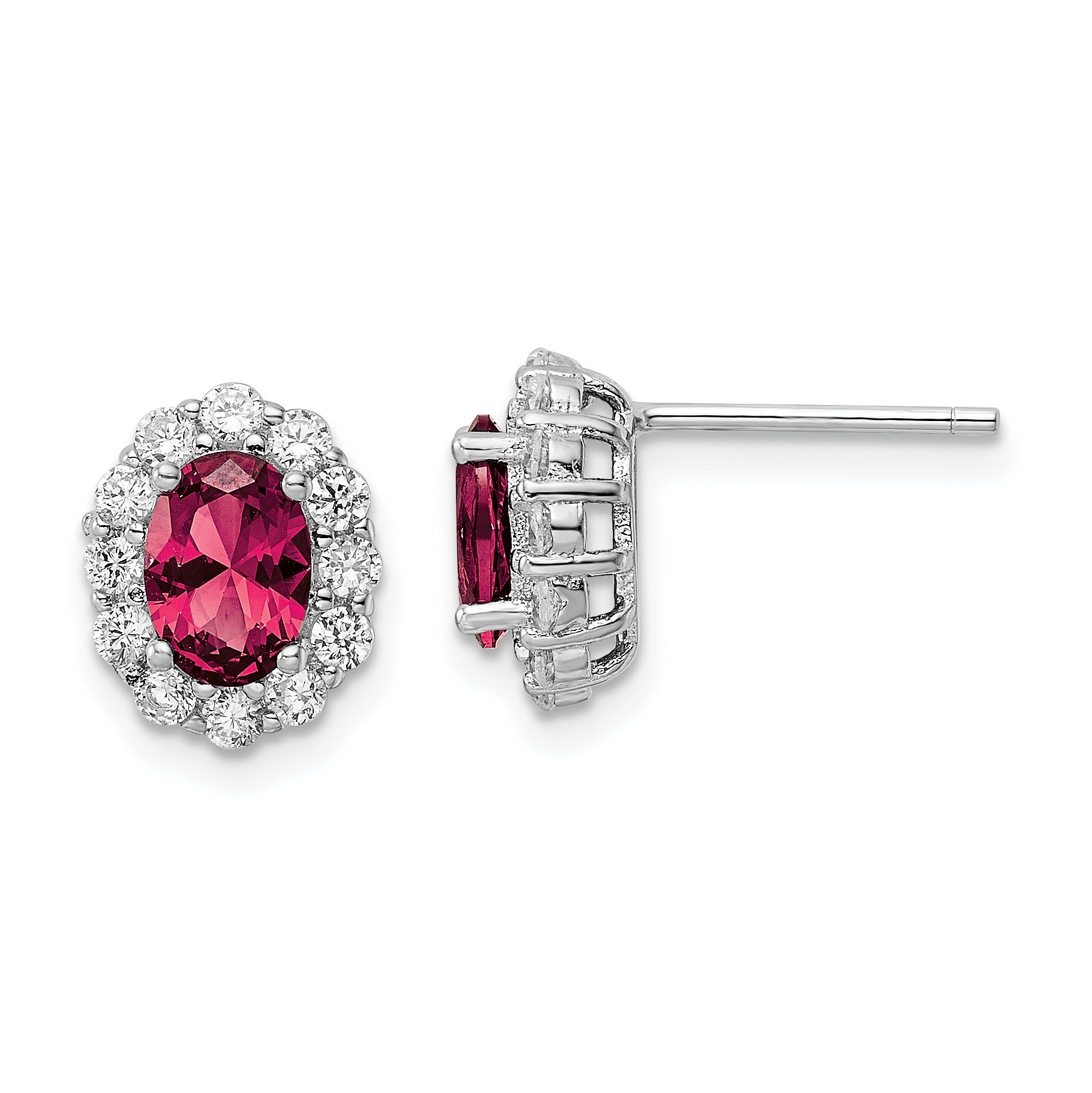 Sterling Silver Rhodium-plated Red & White CZ Oval Post Earrings (QE16167)