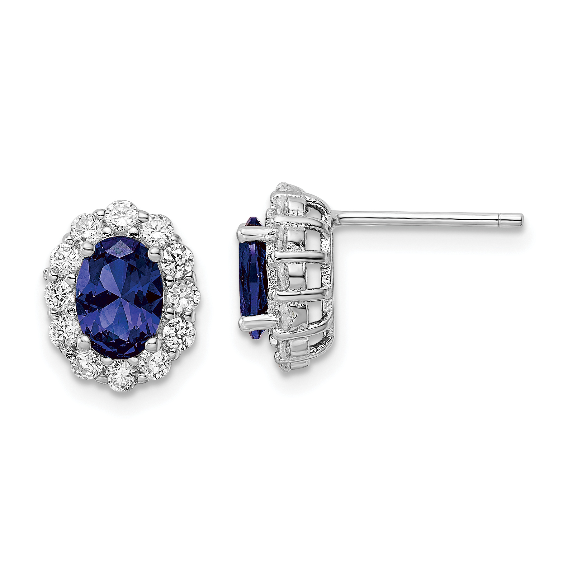 Sterling Silver Rhodium-plated Polished Blue & White CZ Oval Post Earrings (QE16168)