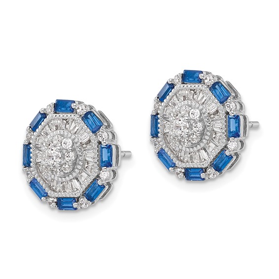 Sterling Silver RH-plated Polished Fancy Blue & White CZ Post Earrings