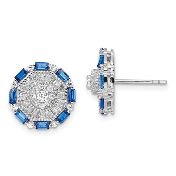 Sterling Silver RH-plated Polished Fancy Blue & White CZ Post Earrings