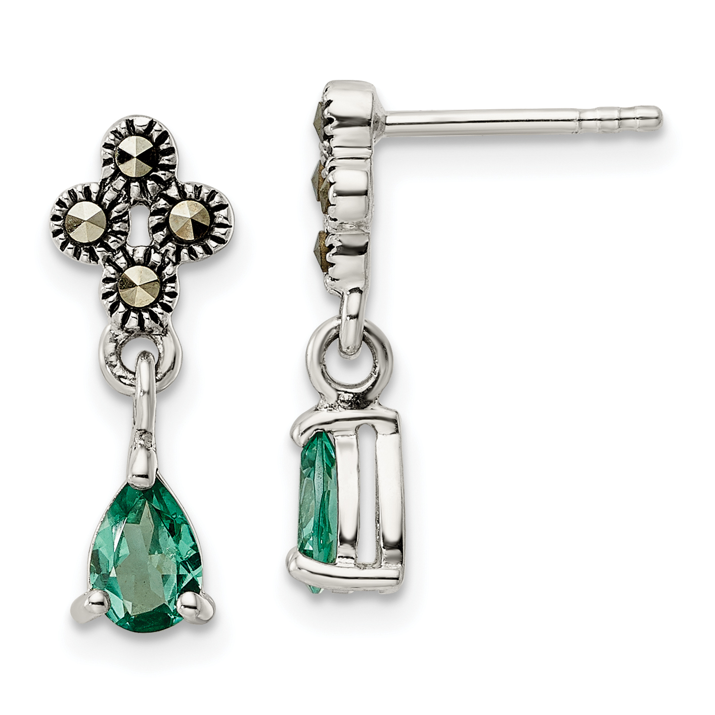 Sterling Silver Antiqued Marcasite & Cr. Green Quartz Post Dangle Earrings (QE16175)