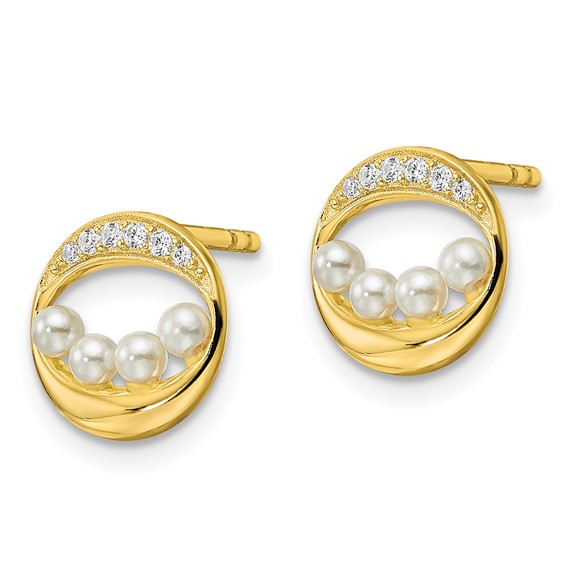 Sterling Silver Gold-tone CZ & Shell Pearl Post Earrings
