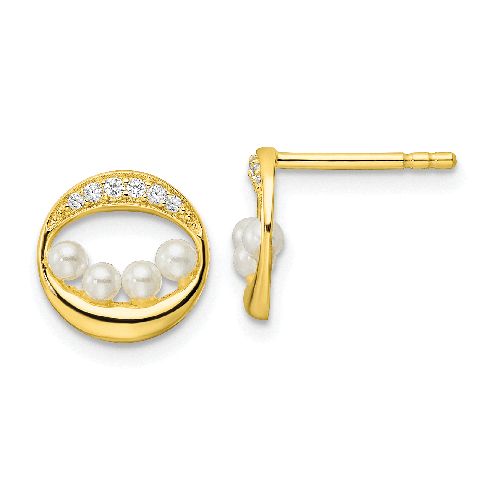 Sterling Silver Gold-tone CZ & Shell Pearl Post Earrings (QE16195)