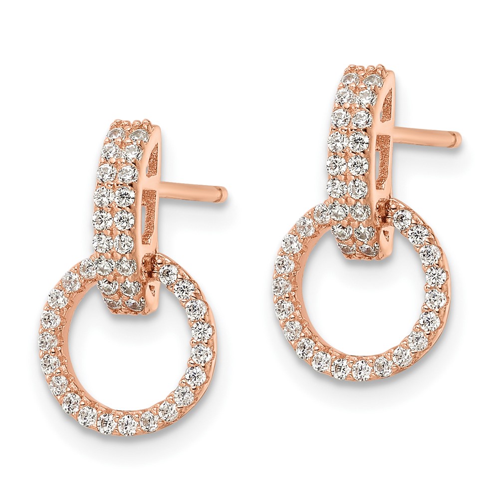 Sterling Silver Rose-tone Polished CZ Circle Post Dangle Earrings (QE16209)
