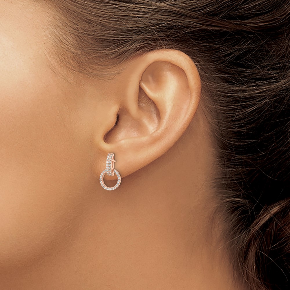 Sterling Silver Rose-tone Polished CZ Circle Post Dangle Earrings (QE16209)