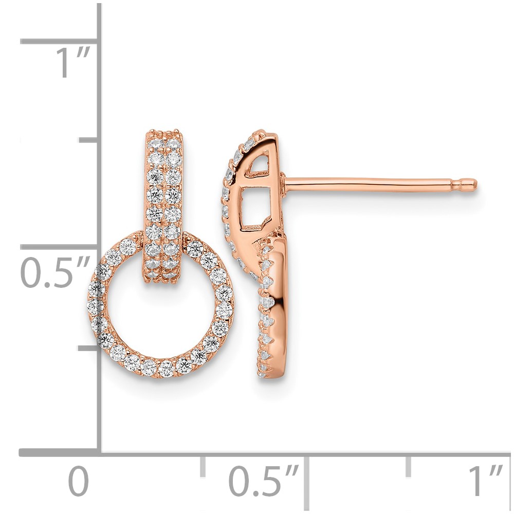 Sterling Silver Rose-tone Polished CZ Circle Post Dangle Earrings (QE16209)