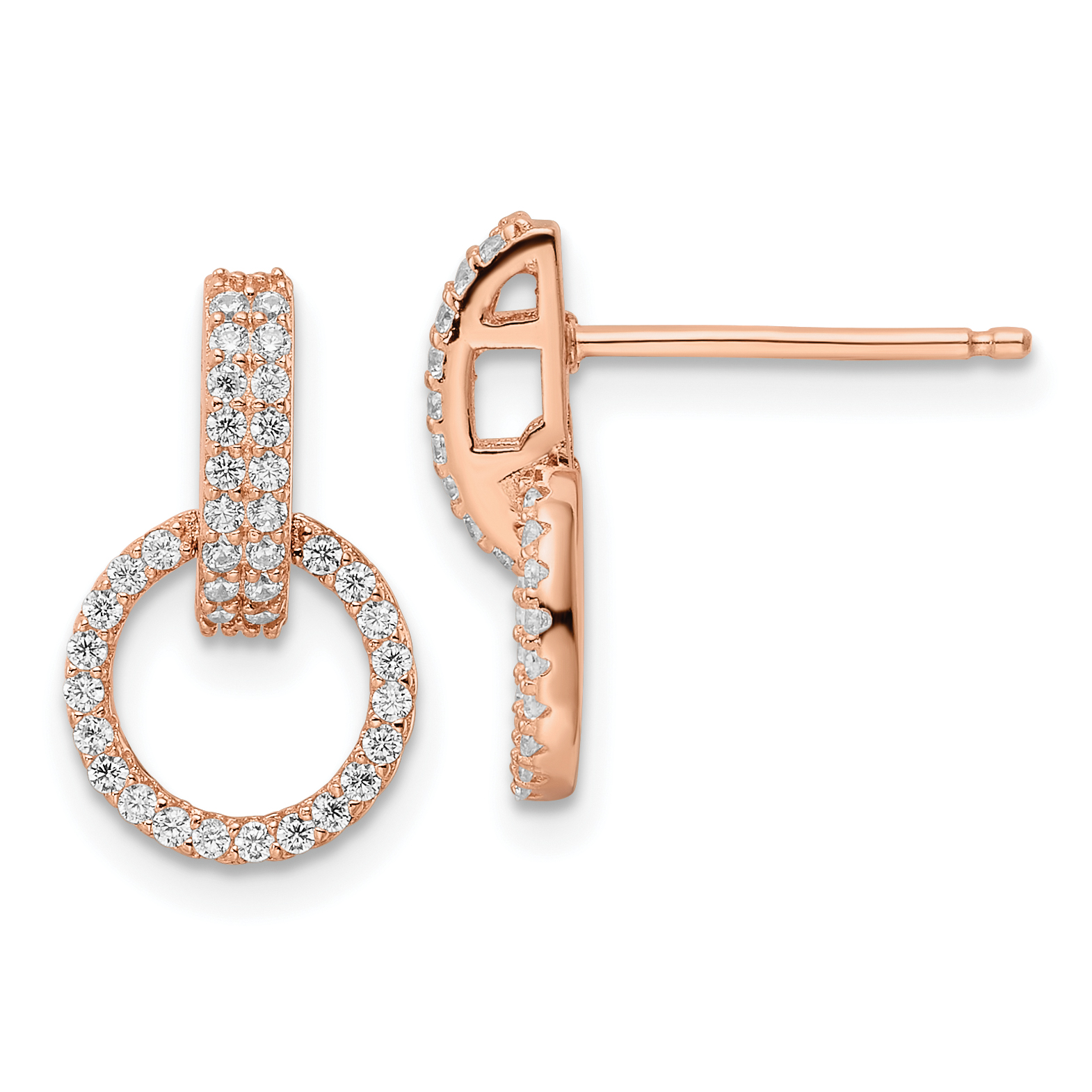 Sterling Silver Rose-tone Polished CZ Circle Post Dangle Earrings (QE16209)
