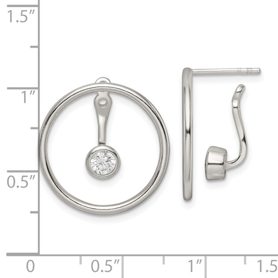 Sterling Silver Polished Slide On Dangle CZ Circle Earrings