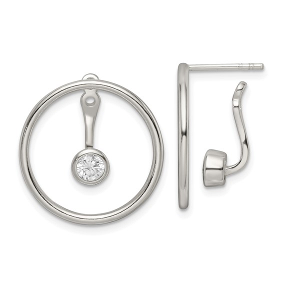 Sterling Silver Polished Slide On Dangle CZ Circle Earrings