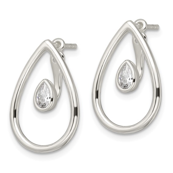 Sterling Silver Polished Teardrop w/Drop and Dangle CZ Threader Post Earrin