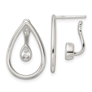 Sterling Silver Polished Teardrop w/Drop and Dangle CZ Threader Post Earrin