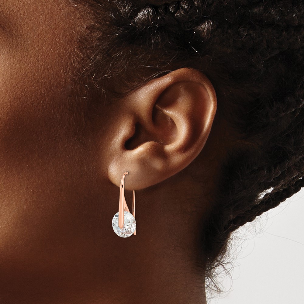 Sterling Silver Rose-tone Polished Round CZ Dangle Earrings (QE16220)