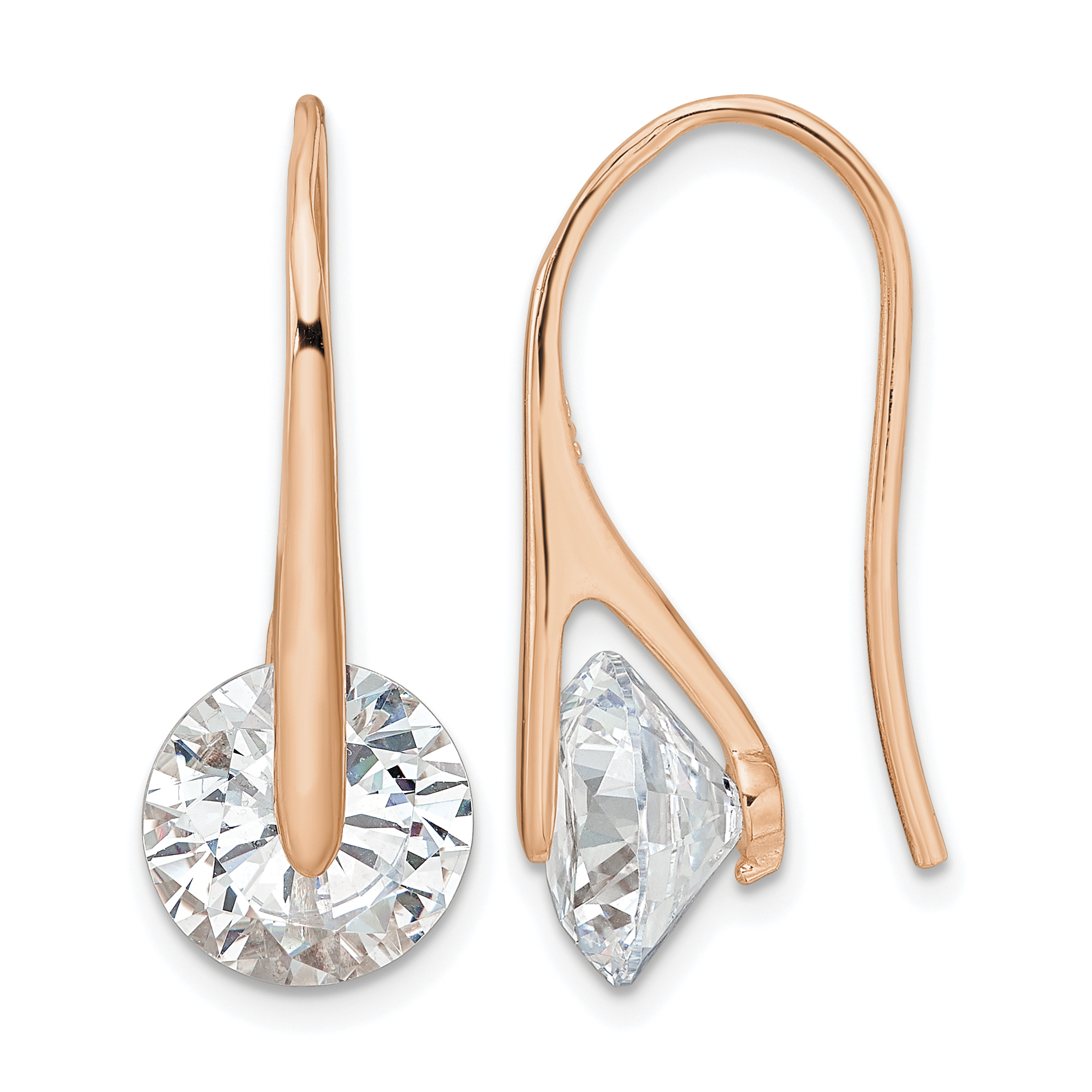 Sterling Silver Rose-tone Polished Round CZ Dangle Earrings (QE16220)