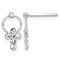 Sterling Silver Polished CZ Cross Circle Post Dangle Earrings view 1