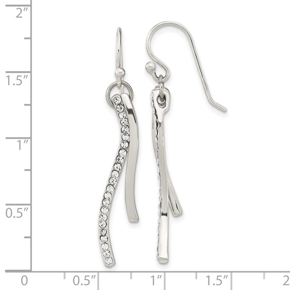 Sterling Silver Polished CZ Wavy Bar Dangle Shephard Hook Earrings