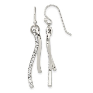 Sterling Silver Polished CZ Wavy Bar Dangle Shephard Hook Earrings