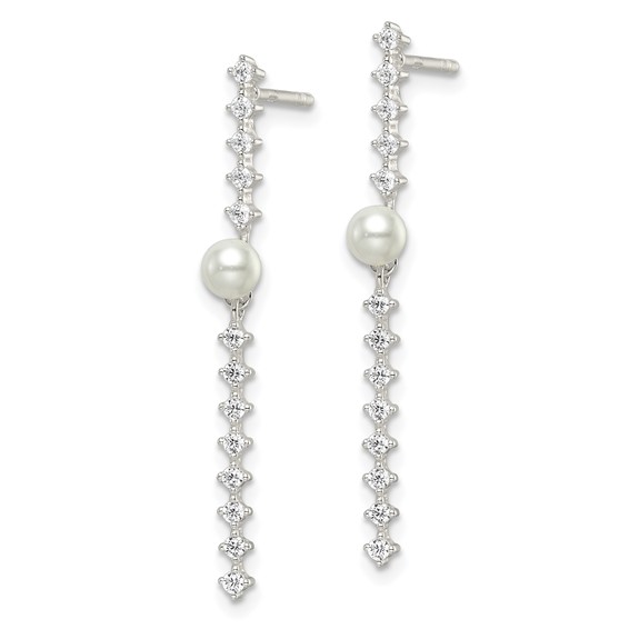 Sterling Silver Polished CZ and Glass Pearl Post Earrings