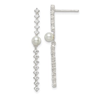 Sterling Silver Polished CZ and Glass Pearl Post Earrings