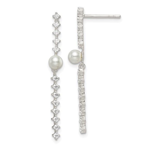Sterling Silver Polished CZ and Glass Pearl Post Earrings