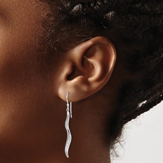 Sterling Silver Rhodium-plated Polished CZ Wavy Dangle Earrings