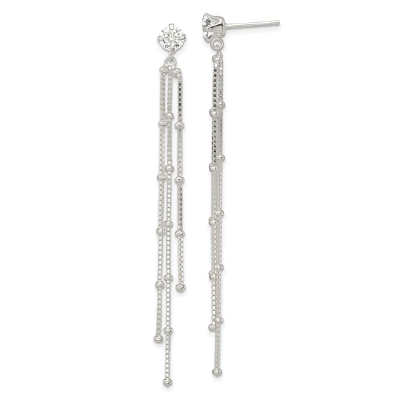 Sterling Silver Polished CZ & Beaded Chain Post Dangle Earrings