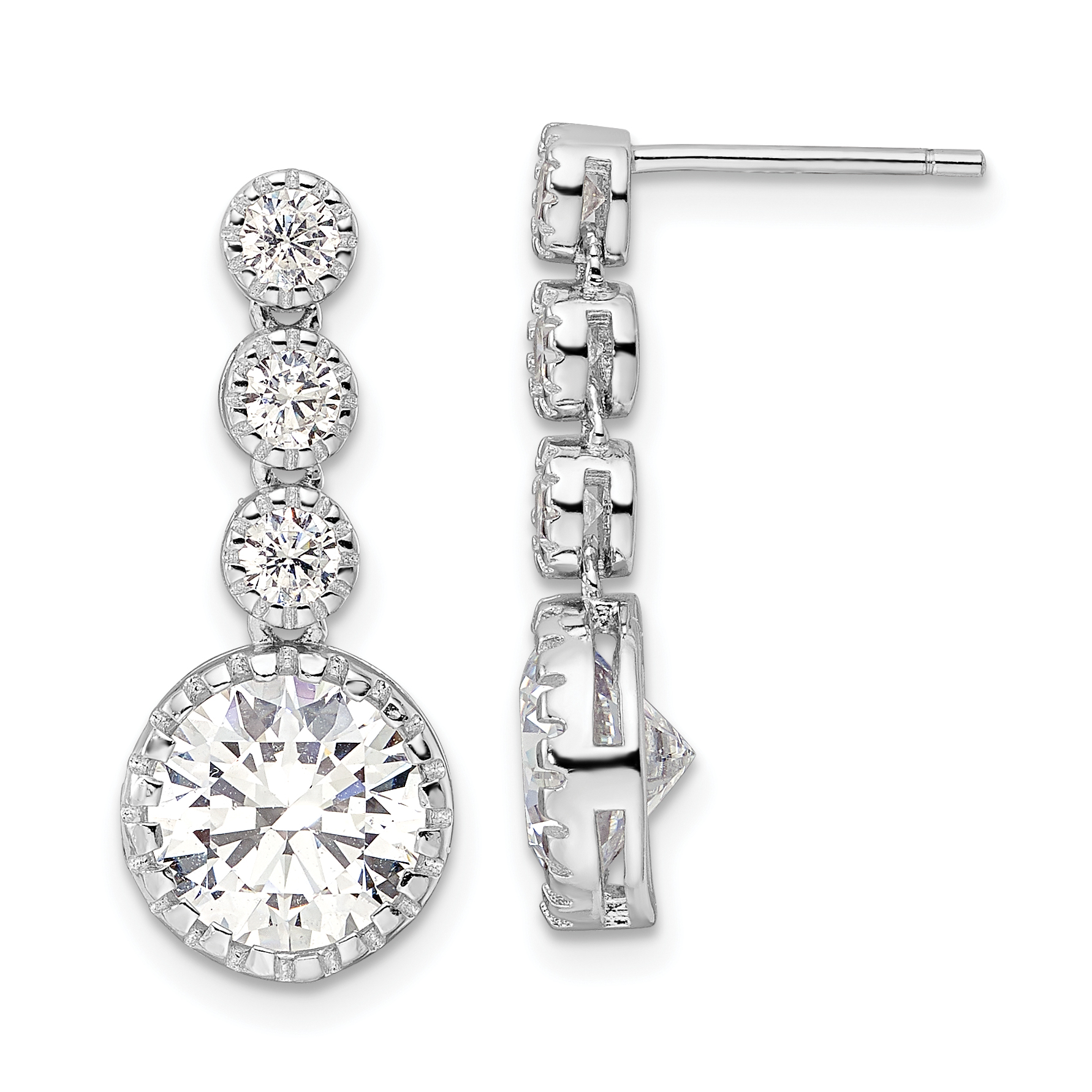 Sterling Silver Rhodium-plated Polished Round CZ Post Dangle Earrings (QE16240)
