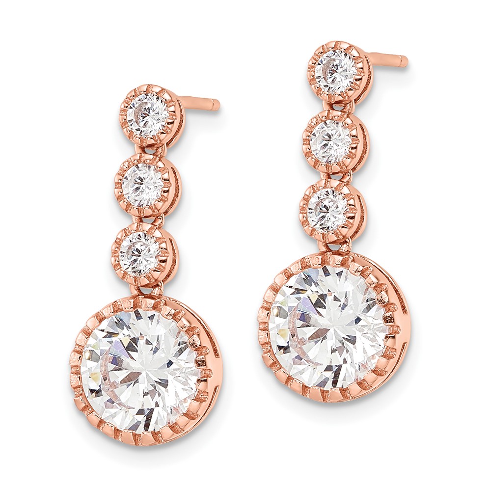 Sterling Silver Rose-tone Polished Round CZ Post Dangle Earrings (QE16242)