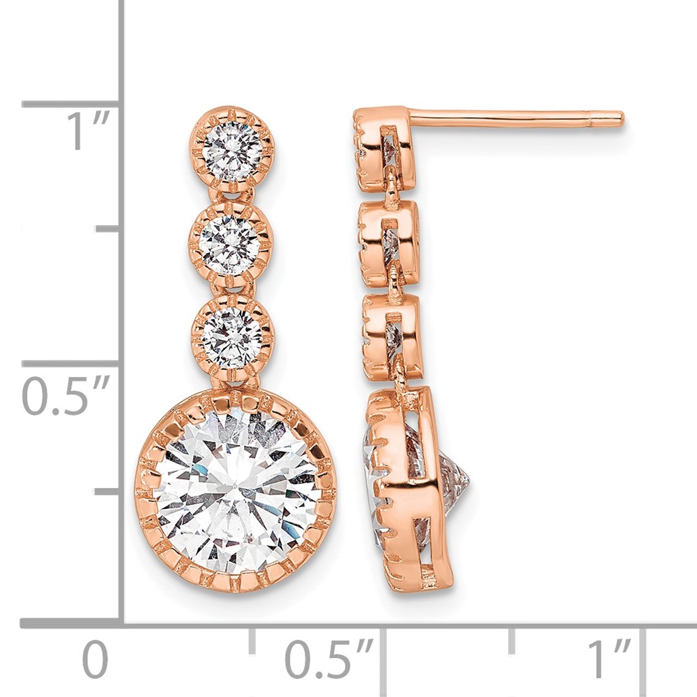 Sterling Silver Rose-tone Polished Round CZ Post Dangle Earrings (QE16242)