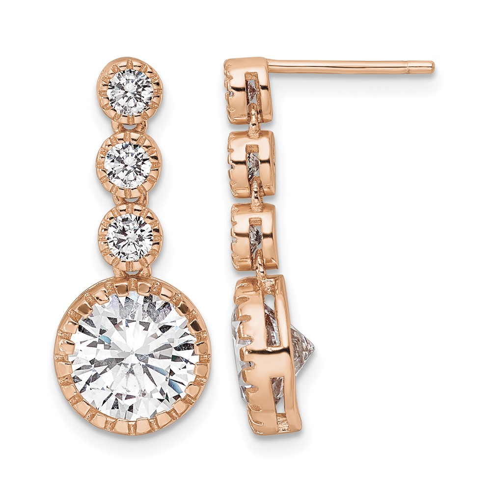 Sterling Silver Rose-tone Polished Round CZ Post Dangle Earrings (QE16242)