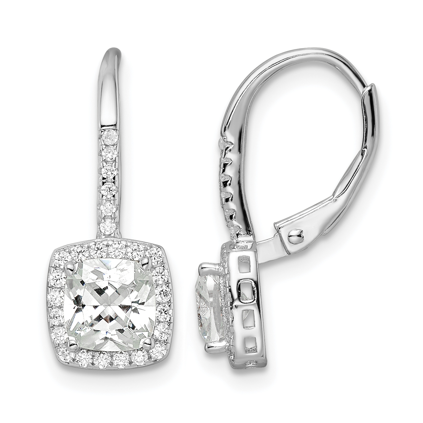 Sterling Silver RH-plated Polished Princess Cut CZ Halo Leverback Earrings (QE16247)