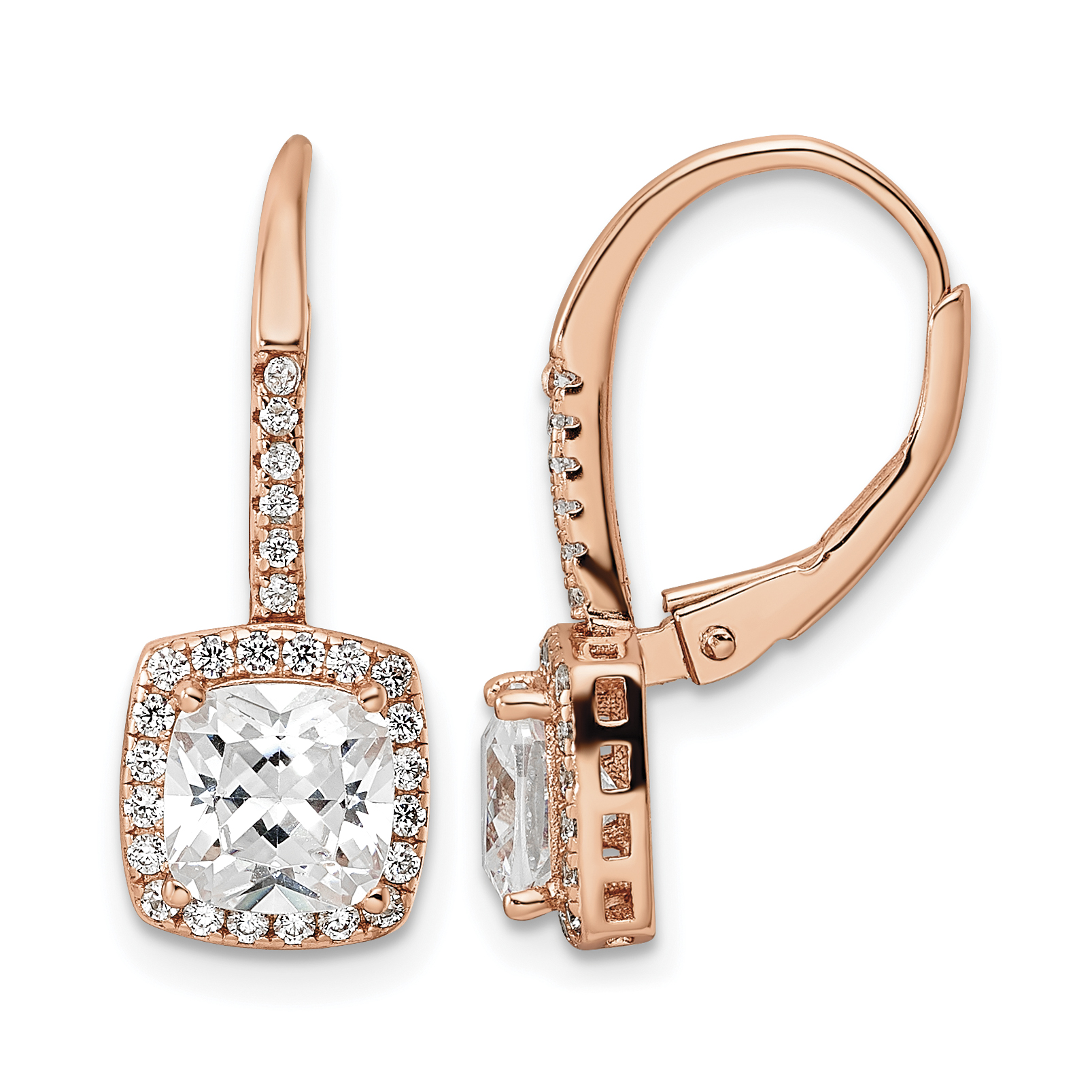 Sterling Silver Rose-tone Polished Princess Cut CZ Halo Leverback Earrings (QE16249)