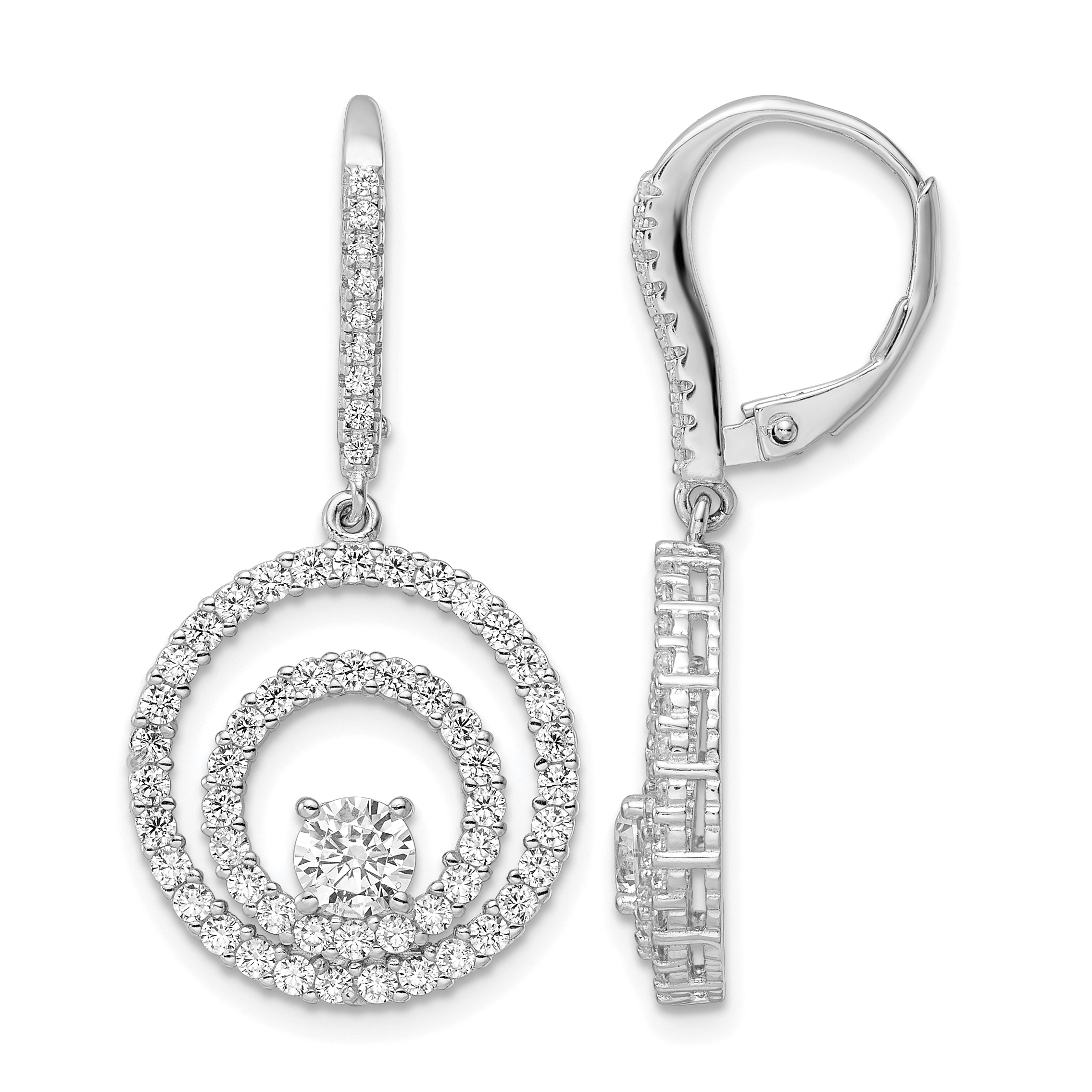 Sterling Silver Rhodium-plated Polished CZ Circles Leverback Earrings (QE16250)