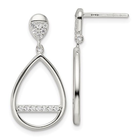 Sterling Silver Polished Teardrop Dangle CZ Post Earrings