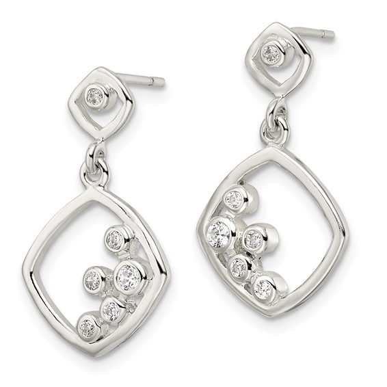 Sterling Silver Polished CZ Square Dangle Post Earrings